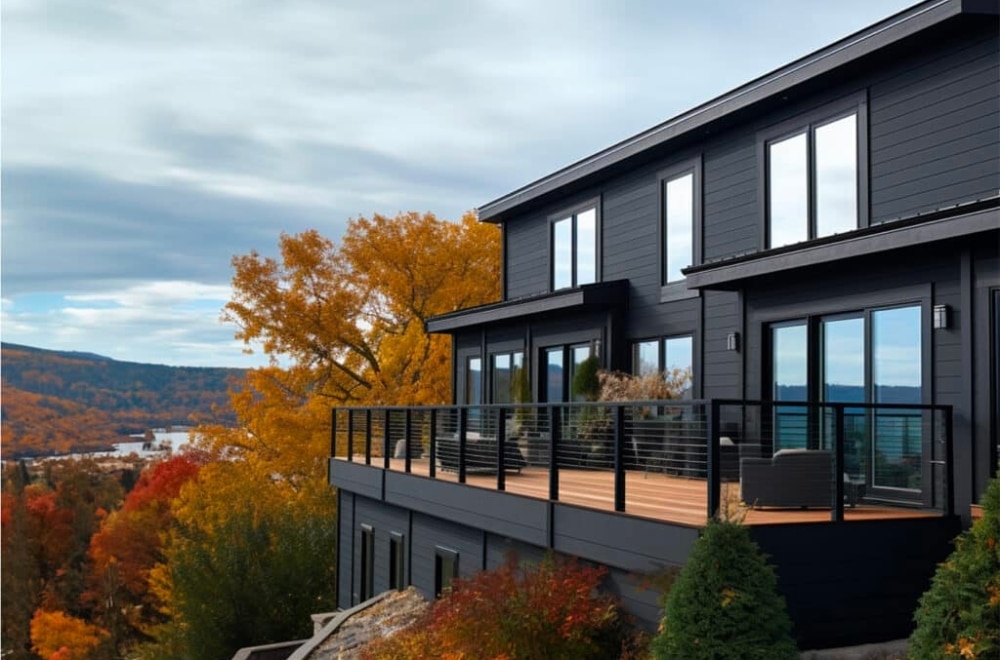 Maison moderne avec vue automnale sur lac.